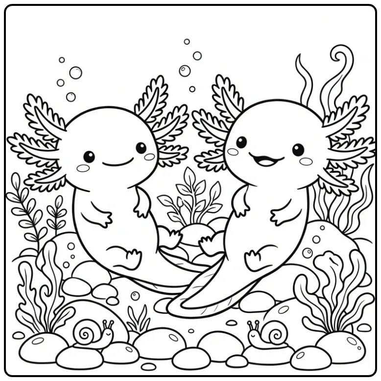 Cheerful Axolotl Underwater with Plants coloring page