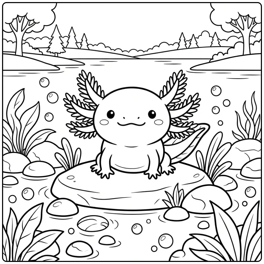 Cheerful Axolotl on a Rock coloring page