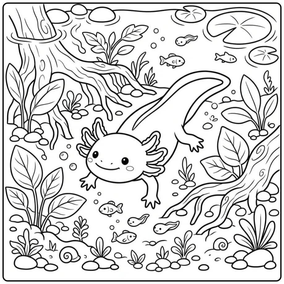 Cheerful Axolotl Among Leaves and Roots coloring page