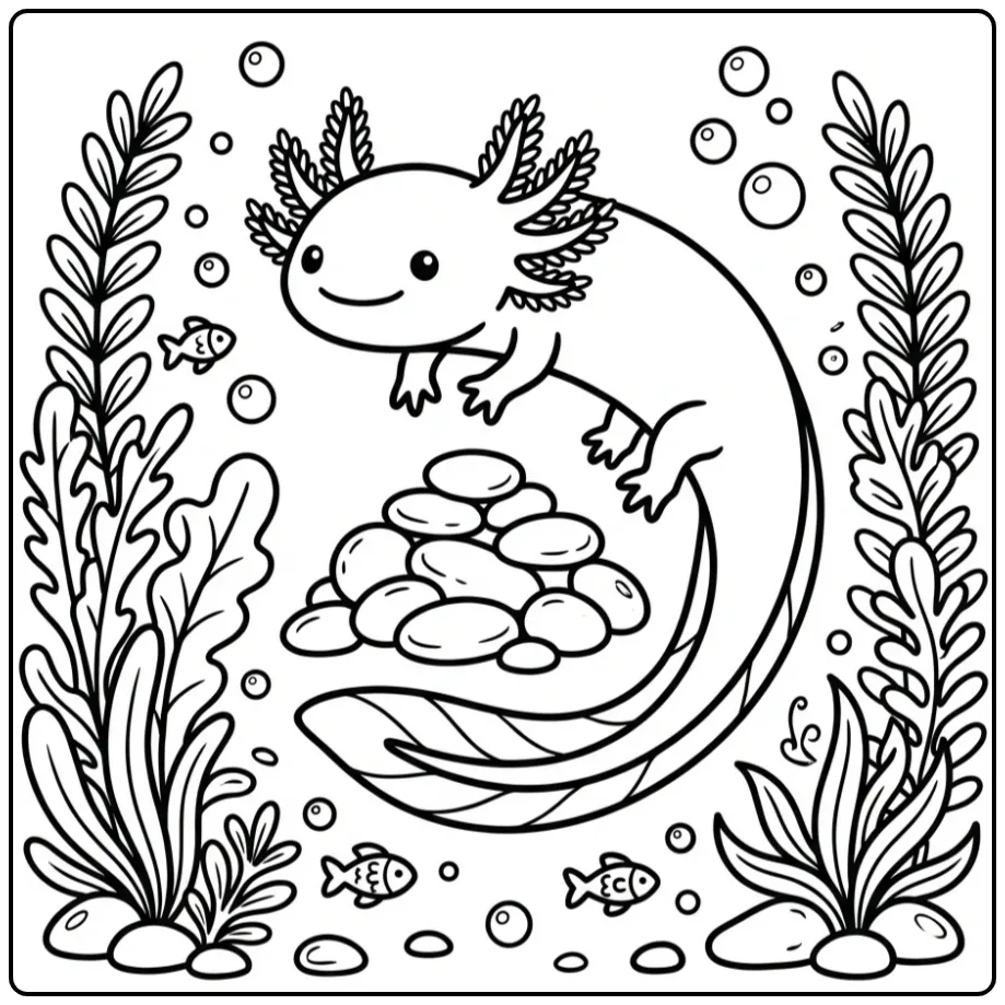 Cheerful Axolotl Among Smooth Stones coloring page