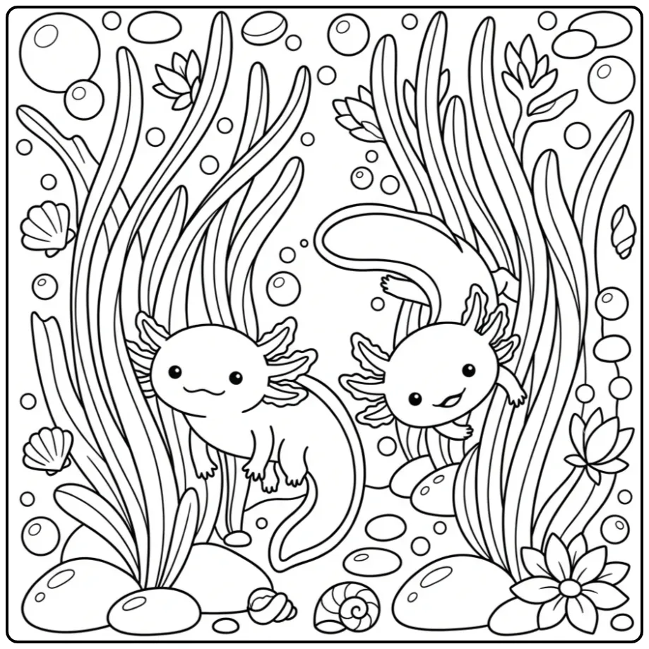 Cheerful Swimming Axolotl Friends coloring page