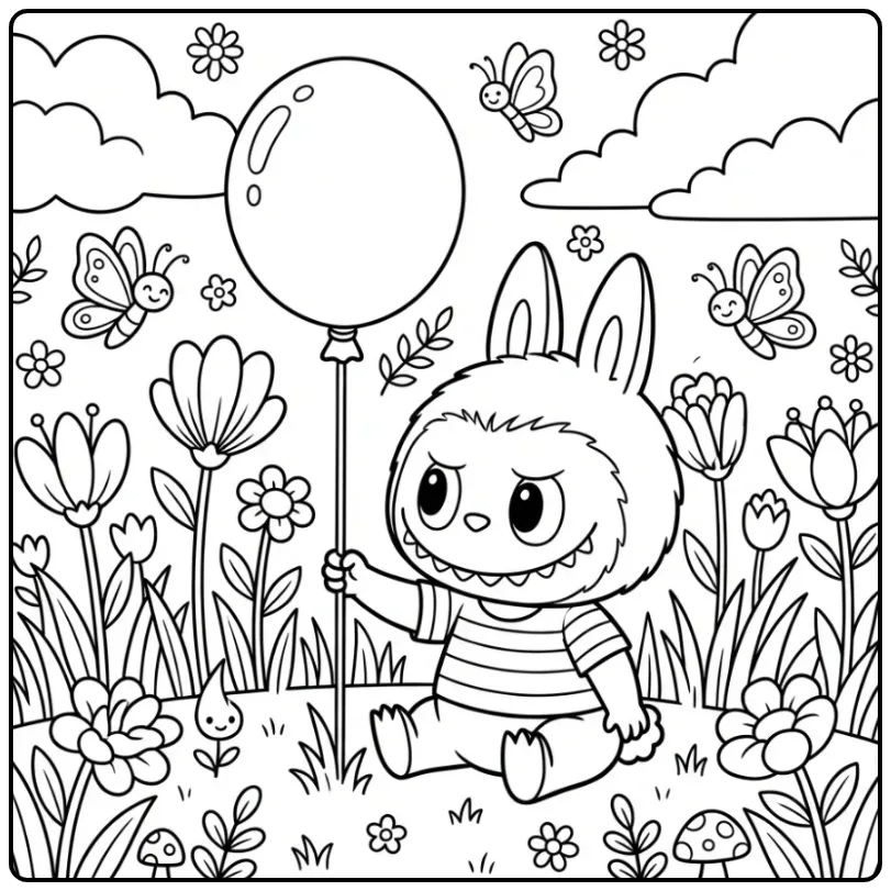Cheerful Baby Labubu in Nature coloring page