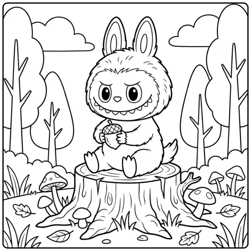Cheerful Baby Labubu in the Forest coloring page