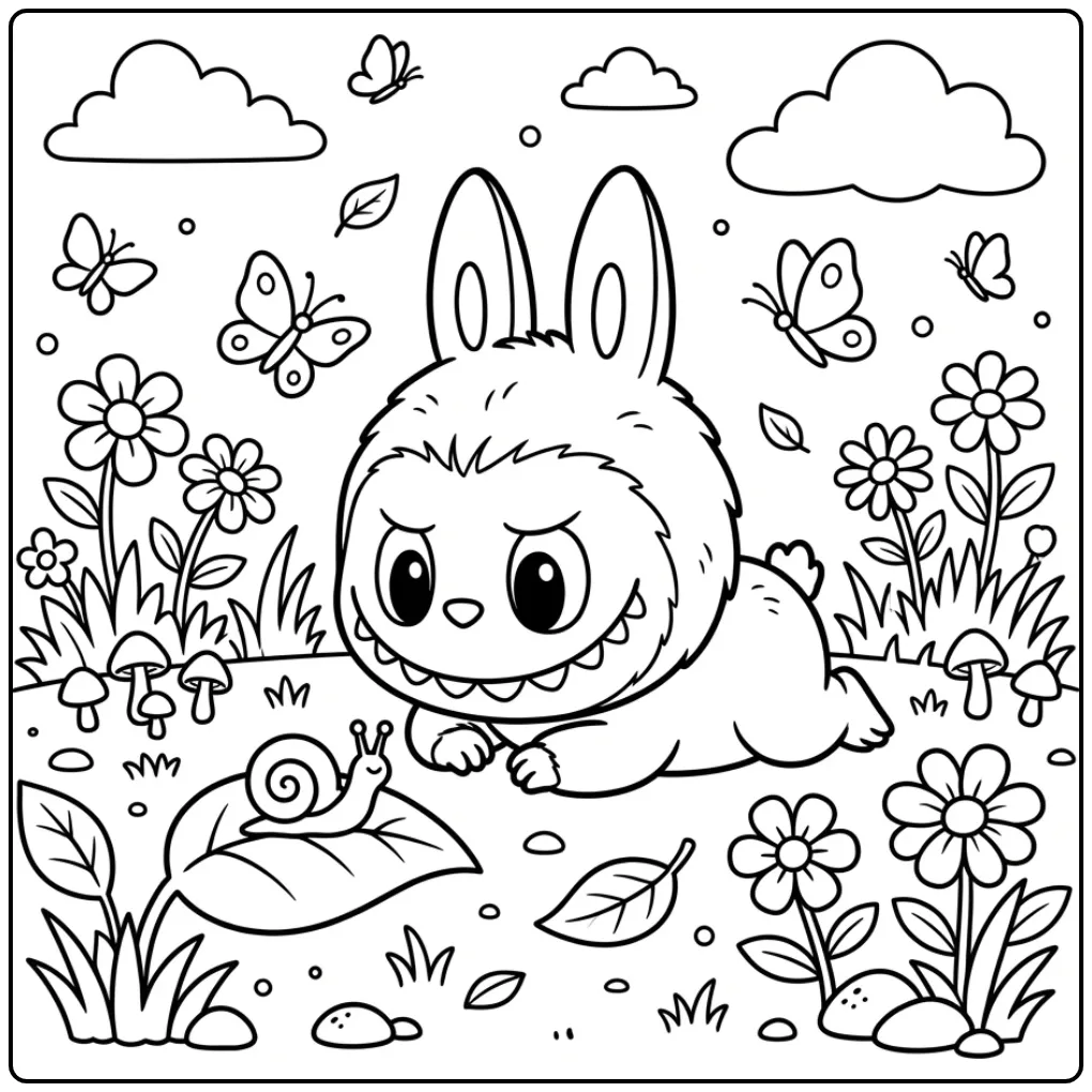 Cheerful Baby Labubu Looking Toward a Snail coloring page