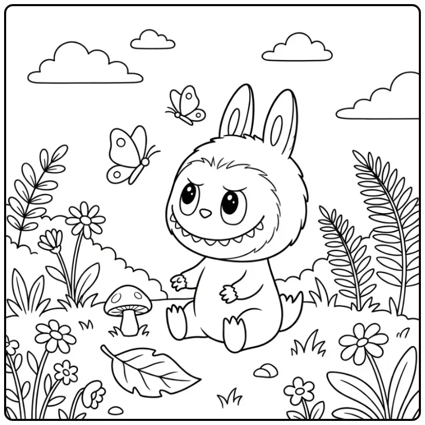 Cheerful Baby Labubu with a Mushroom in Nature coloring page