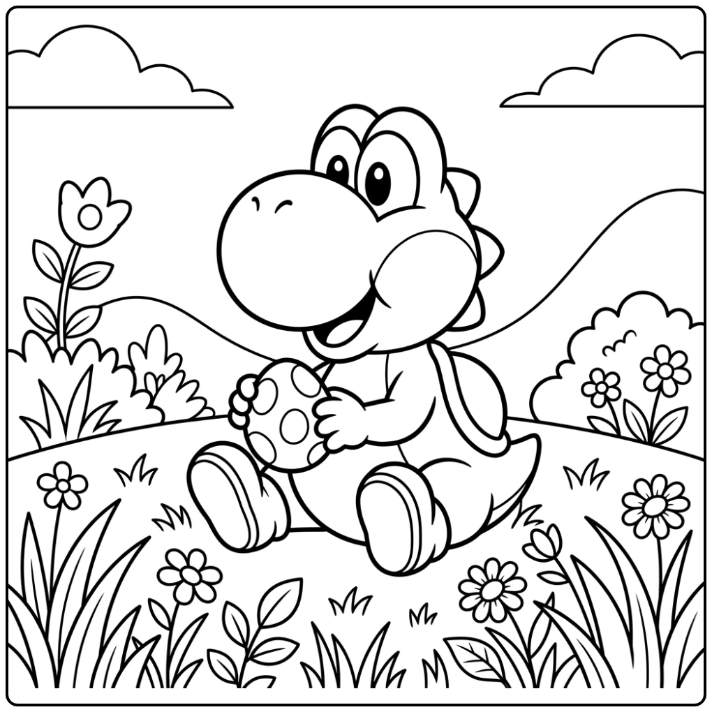 Cheerful Baby Yoshi with Egg and Grass coloring page