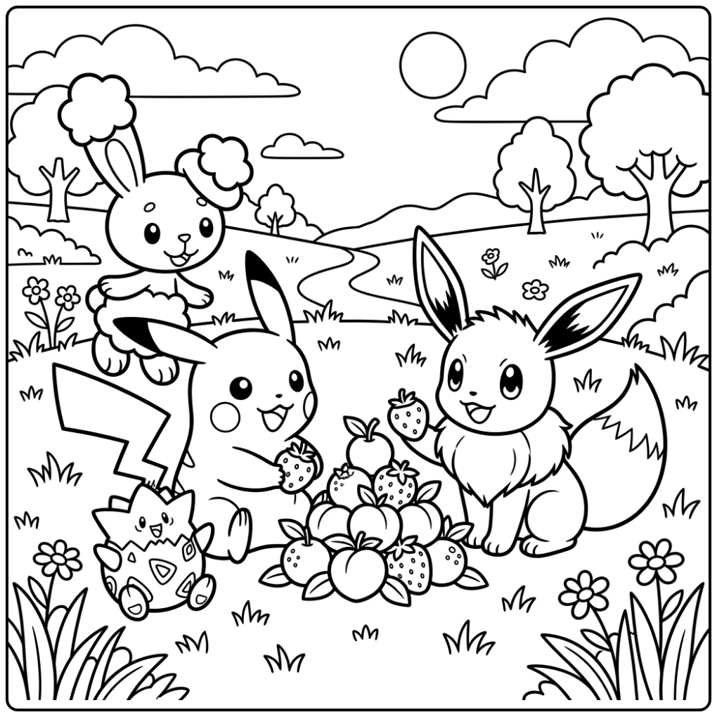Cheerful Berry Stack Pokemon Cute with Friends coloring page