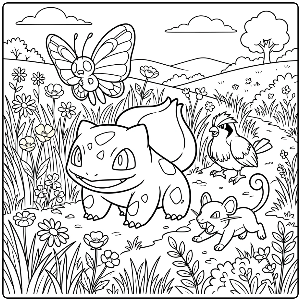Cheerful Bulbasaur in a Flower-filled Meadow coloring page