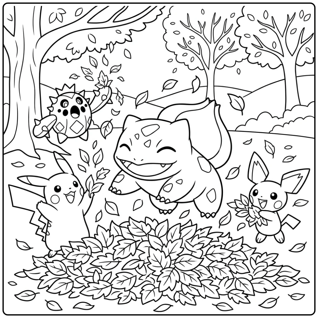 Cheerful Bulbasaur Autumn Leaves coloring page