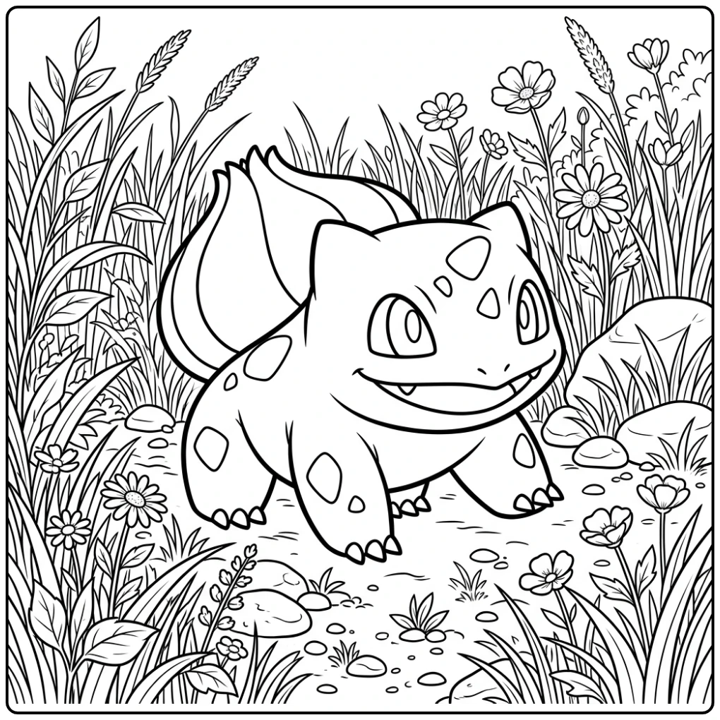 Cheerful Bulbasaur for Children with Flowers coloring page
