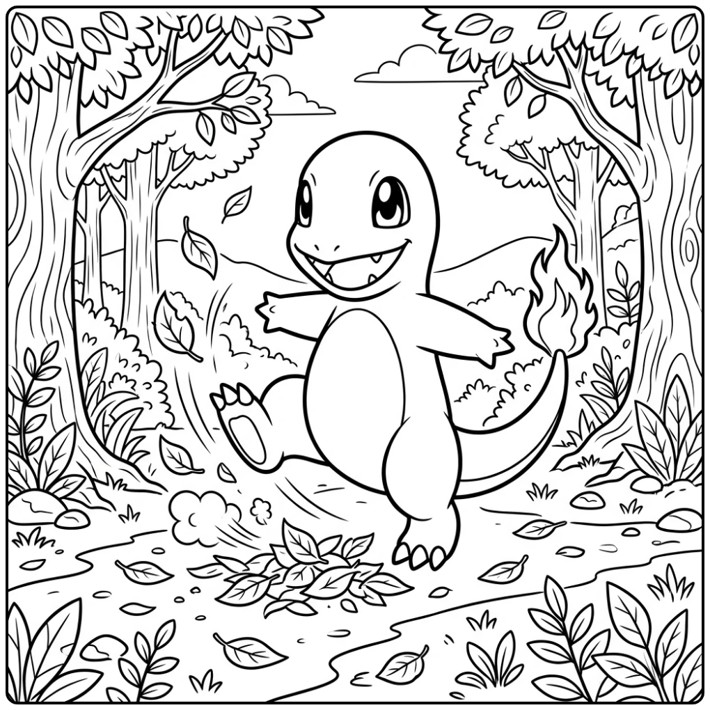 Cheerful Charmander in the Forest coloring page