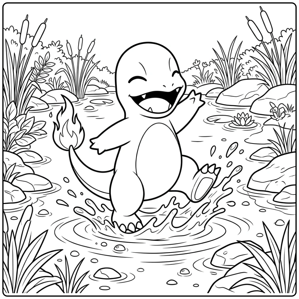 Cheerful Charmander Smiling with a Small Pond coloring page