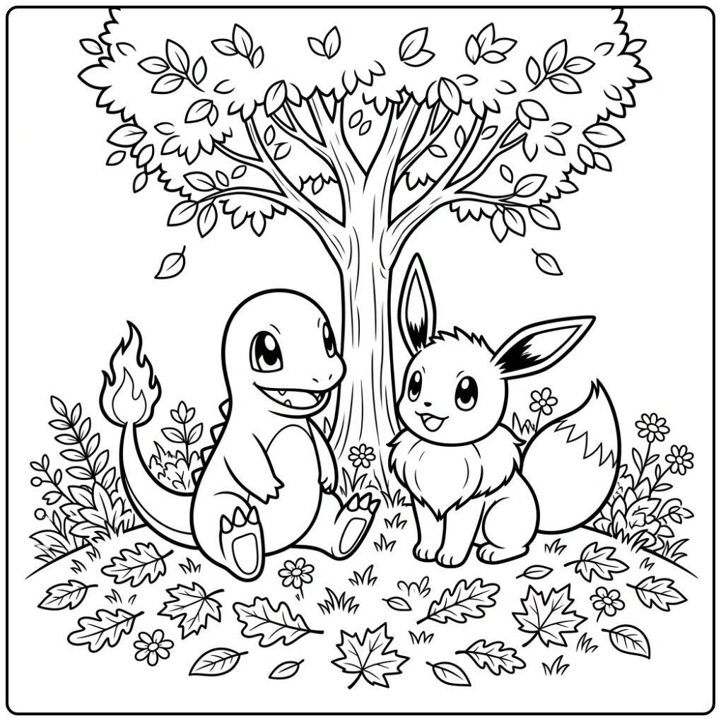 Cheerful Charmander Eevee in the Forest coloring page