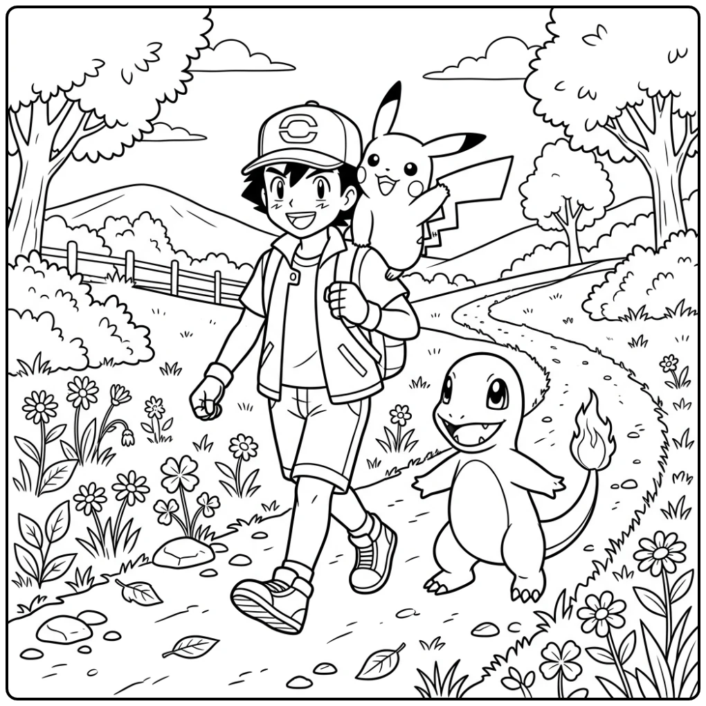 Cheerful Charmander Ash and Pikachu coloring page