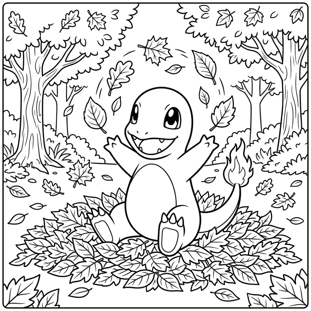 Cheerful Charmander Falling Leaves coloring page