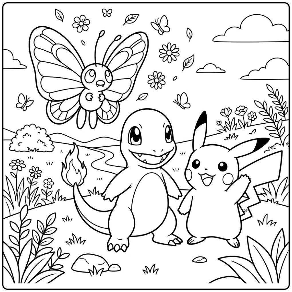 Cheerful Charmander Friends in the Nature coloring page
