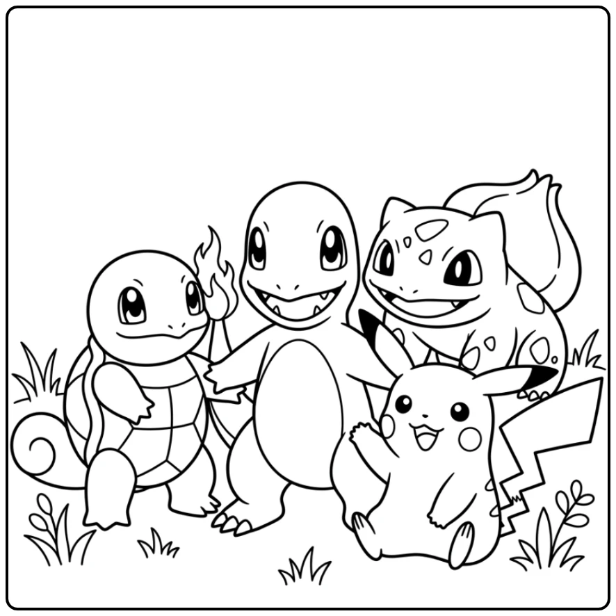 Cheerful Charmander with His Pokemon Friends coloring page