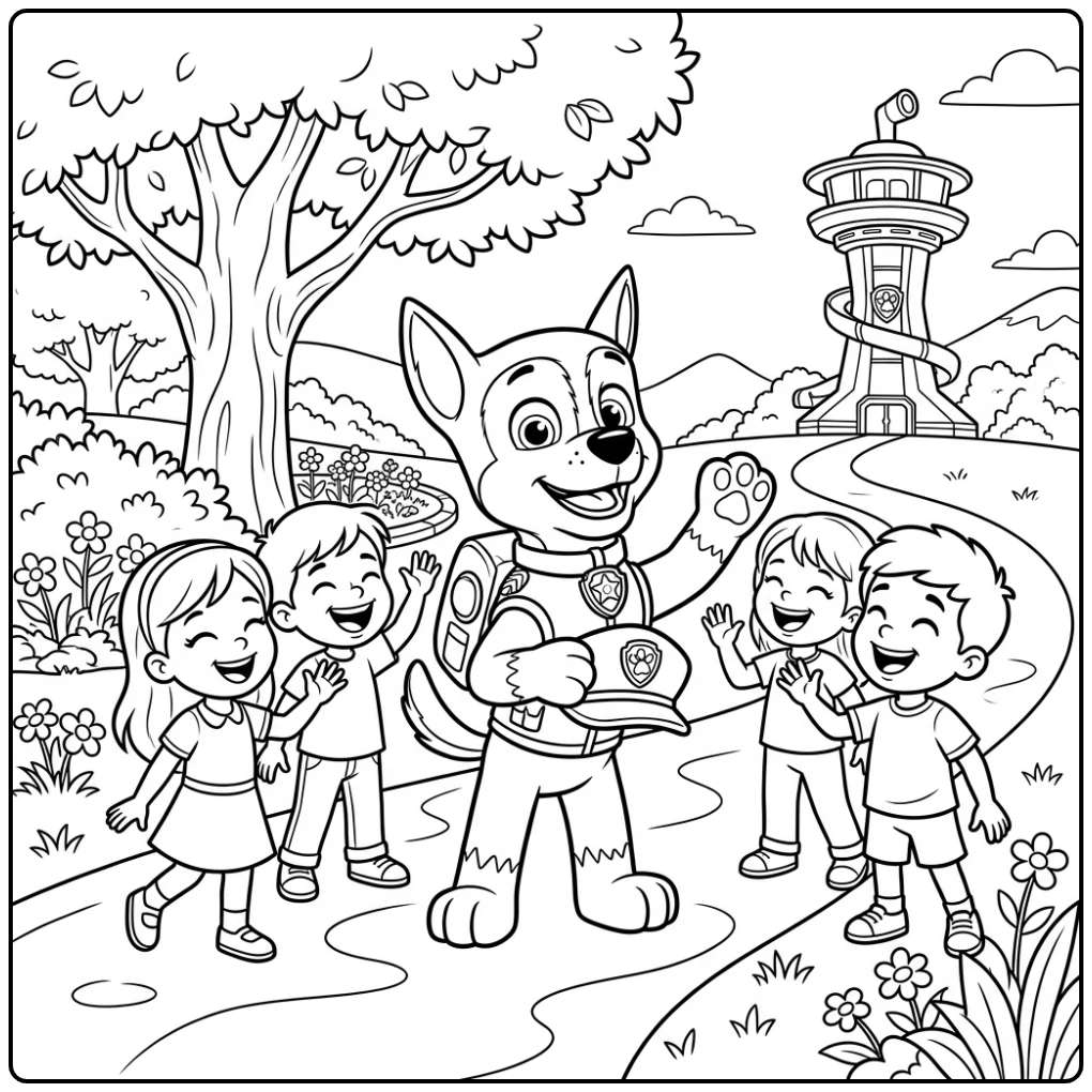 Cheerful and Children in Adventure Bay Paw Patrol Chase coloring page