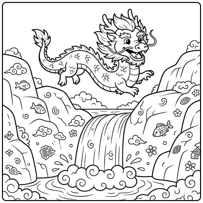 Cheerful Chinese Dragon Above a Waterfall coloring page