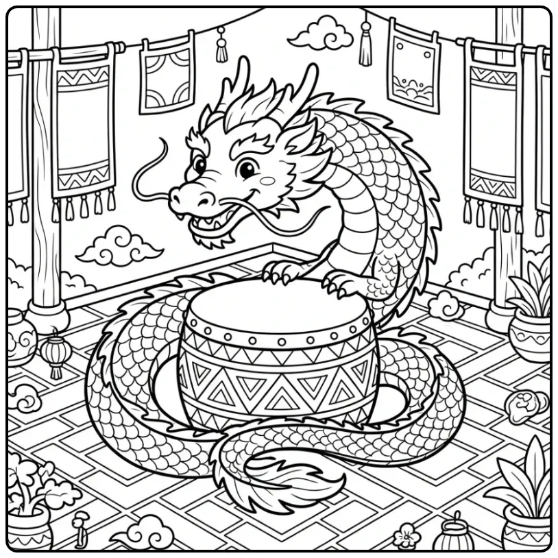 Cheerful Chinese Dragon in a Beautiful Courtyard coloring page