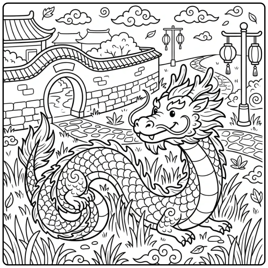 Cheerful Chinese Dragon in the Grass coloring page