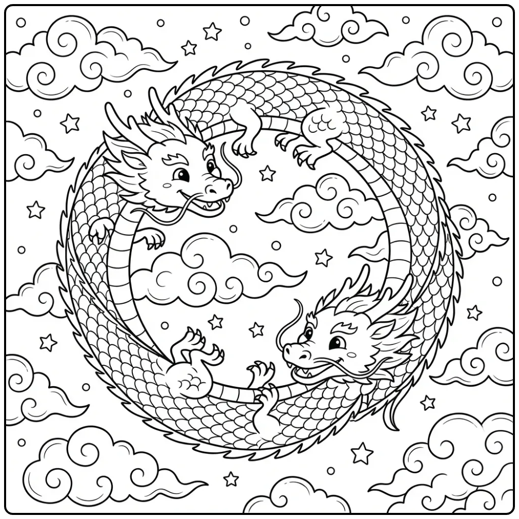 Cheerful Chinese Dragon Stars and Clouds coloring page