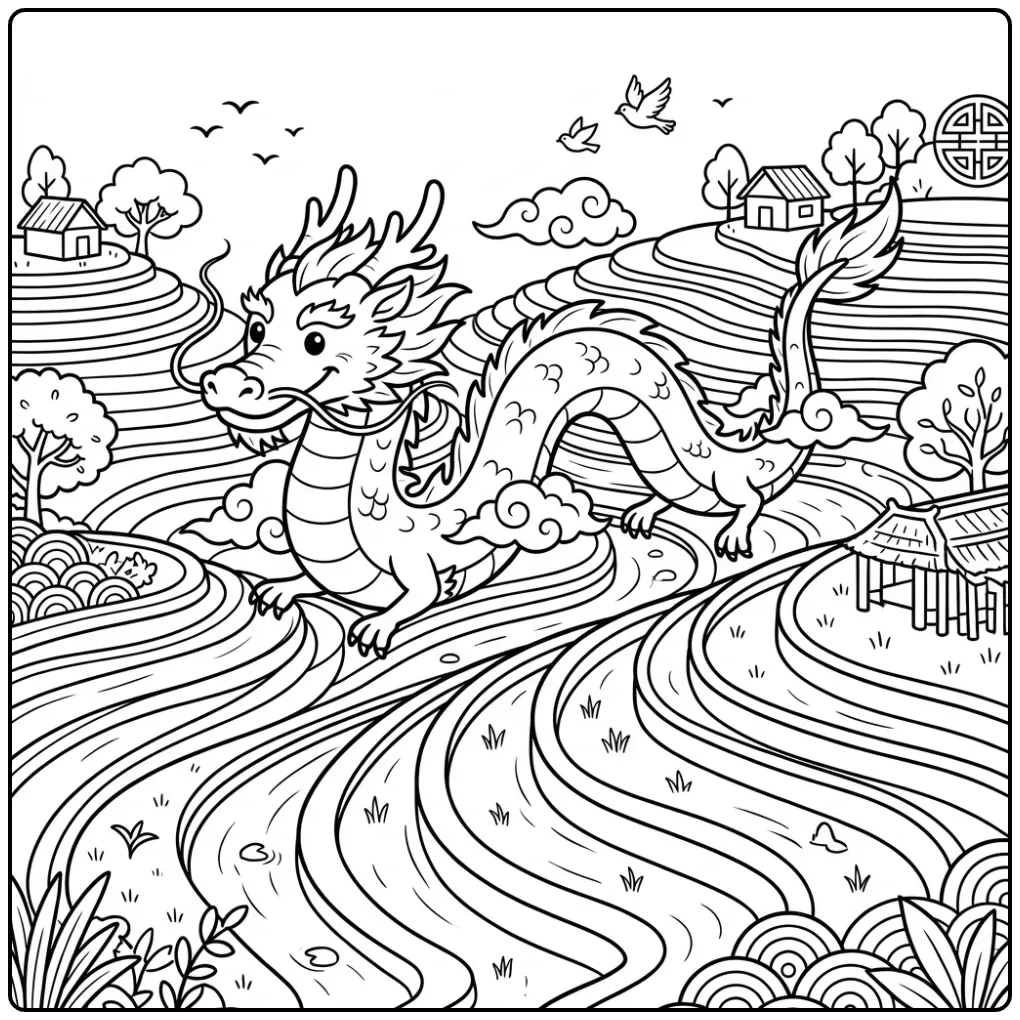 Cheerful Chinese Dragon Flying Over Terraces coloring page
