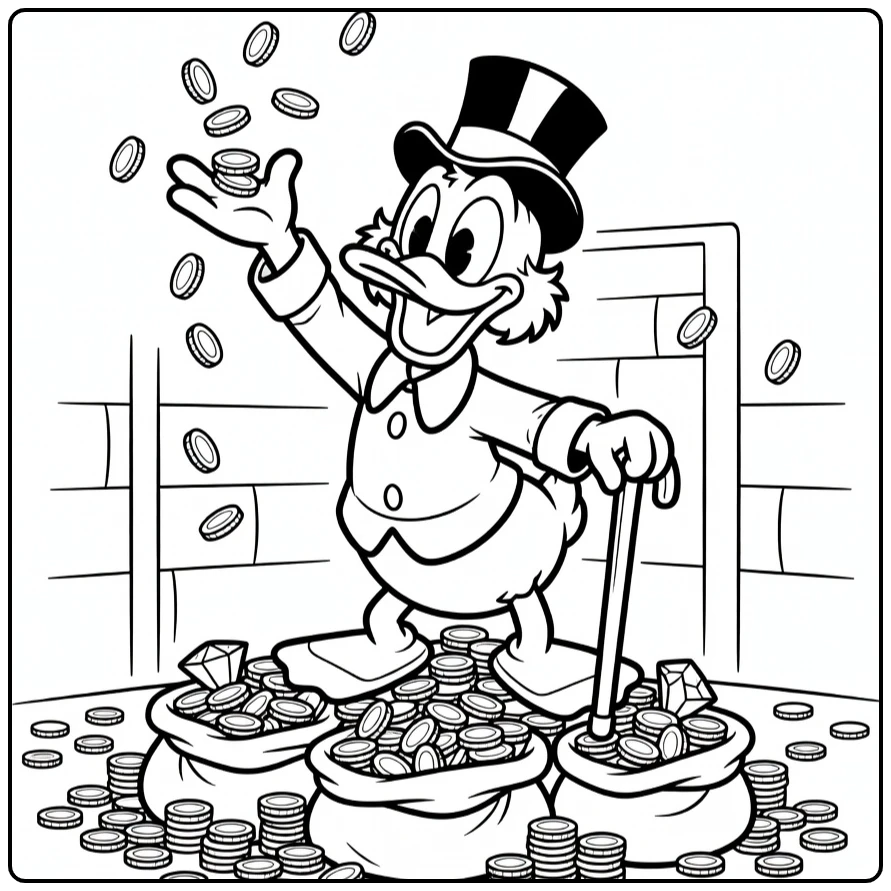 Scrooge McDuck coloring page with coins and his cane