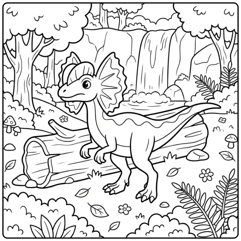 Cheerful Dilophosaurus Dinosaur in the Forest coloring page