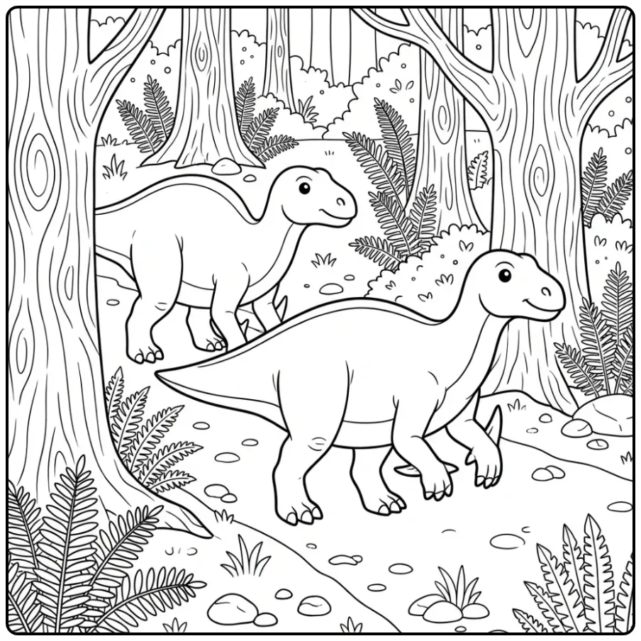 Cheerful Dinosaur Iguanodons in the Forest coloring page