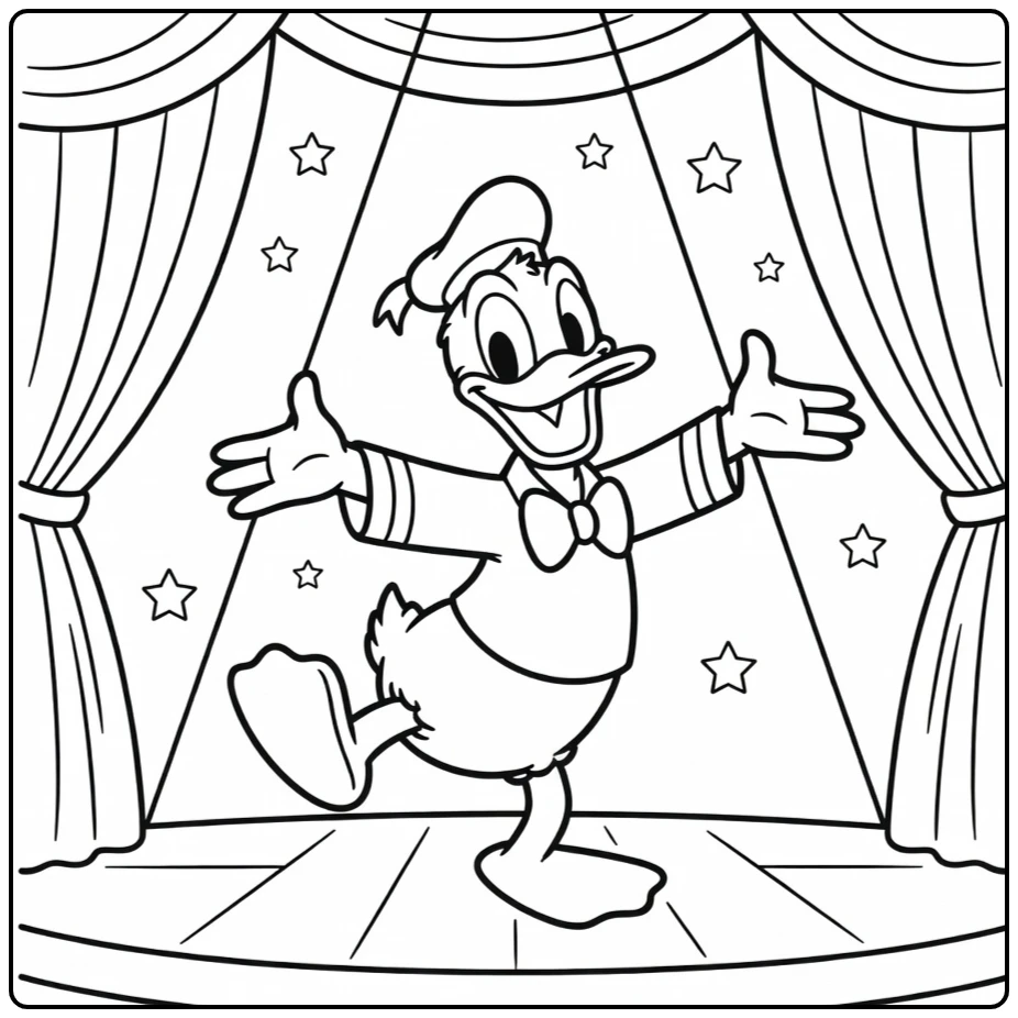 Detailed Donald Duck Dancing Cheerfully on Stage coloring page