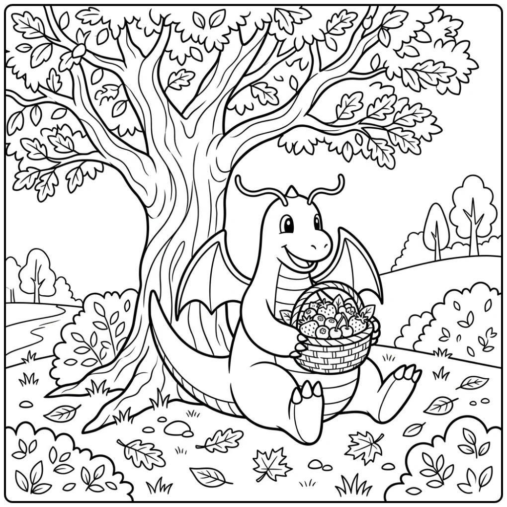 Cheerful Dragonite Under a Tree with Berry Basket coloring page