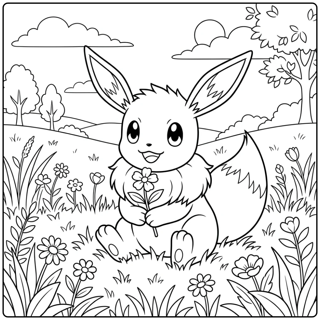 Cheerful Eevee in Grass with Small Flower coloring page