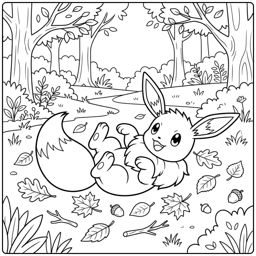 Cheerful Eevee Rolling Playfully Through Autumn Forest coloring page