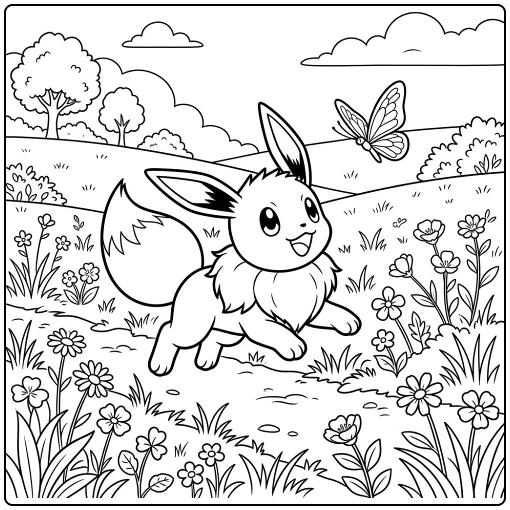 Cheerful Eevee Hopping Through a Flower Field coloring page