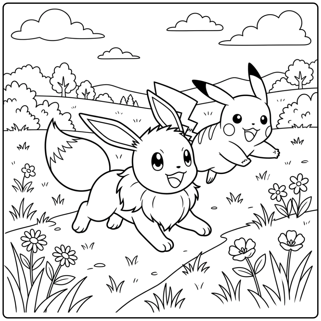 Cheerful Eevee and Pikachu in the Field coloring page