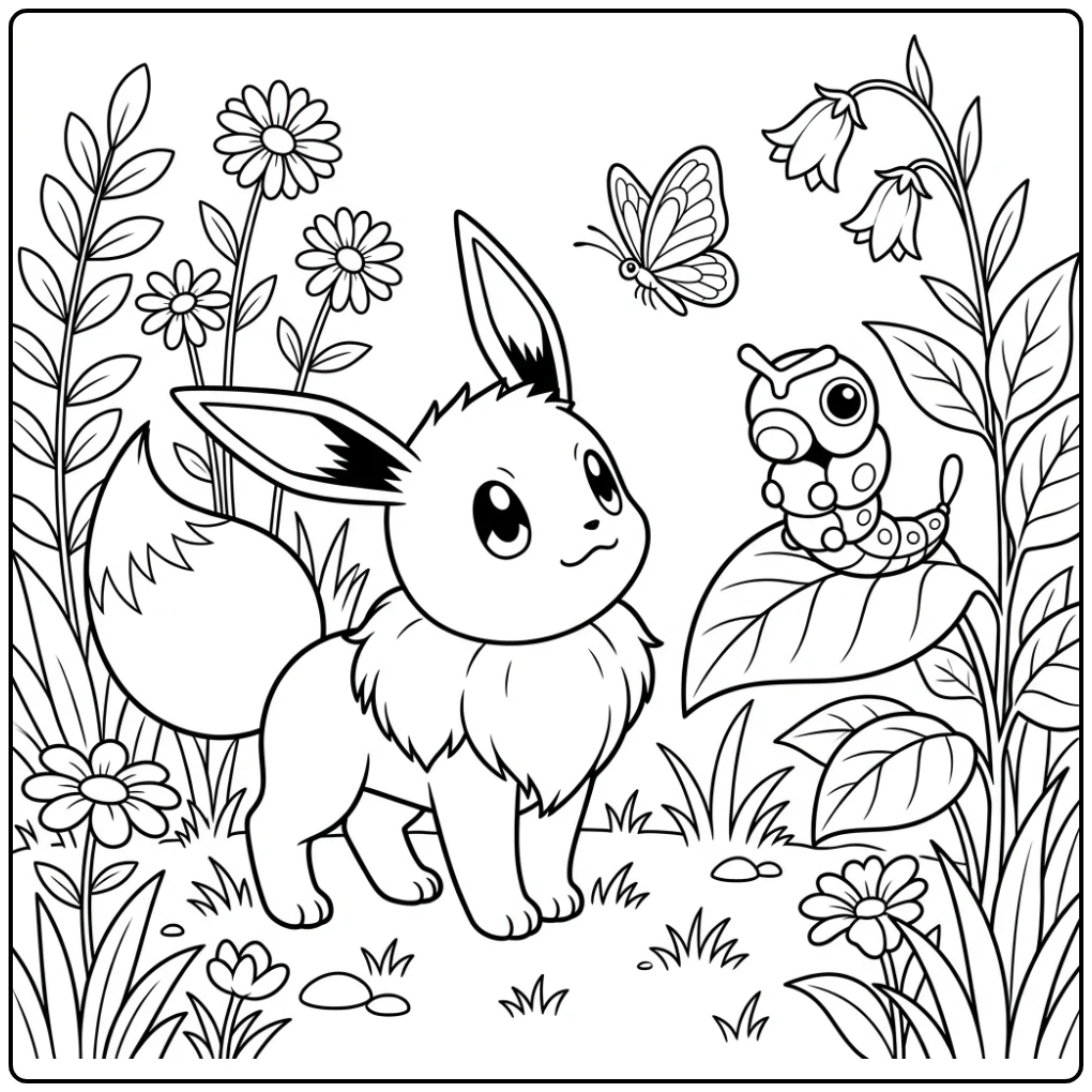 Cheerful Eevee Discovering a Butterfly coloring page