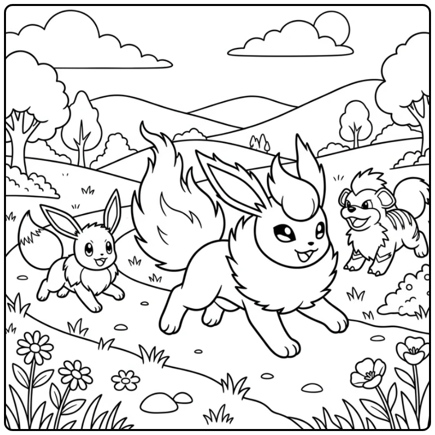 Cheerful Flareon Friends in a Sunny Meadow coloring page