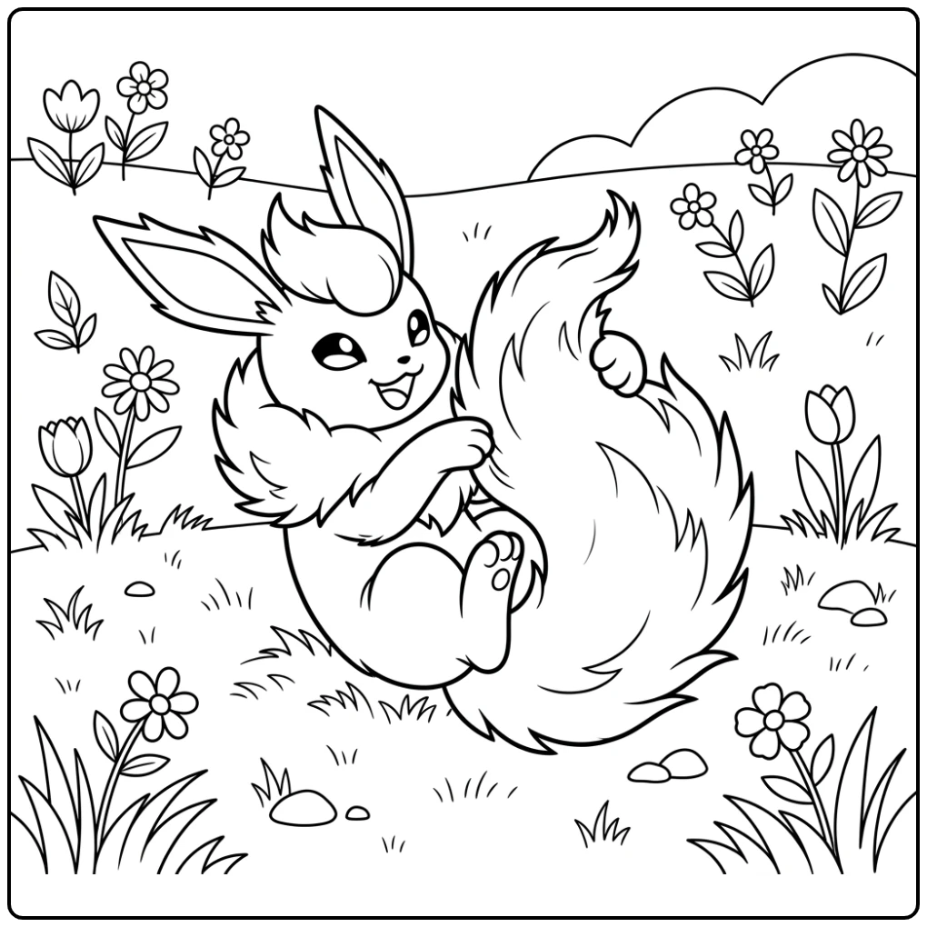 Cheerful Flareon Playfully Rolling with Fluffy Tail coloring page