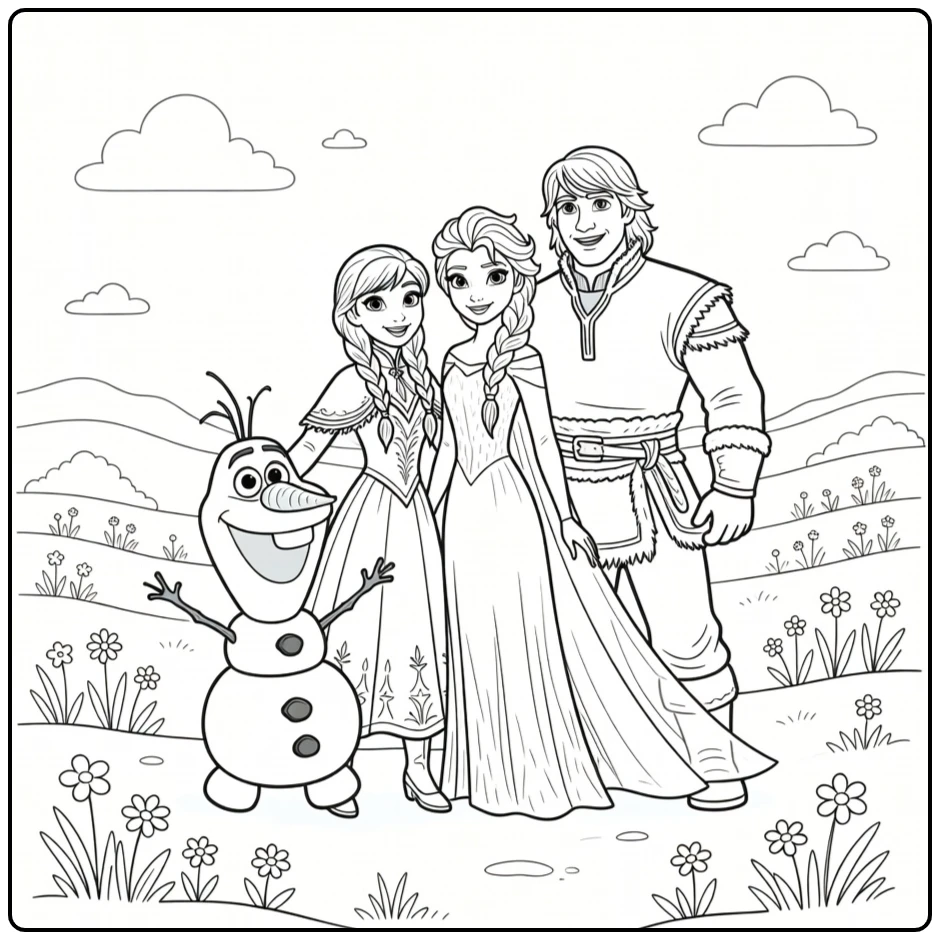 Frozen coloring page with familiar characters in a winter scene