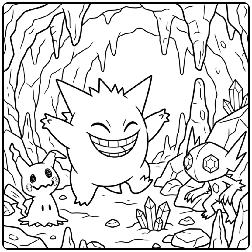 Cheerful Gengar Friends in a Mysterious Cave coloring page