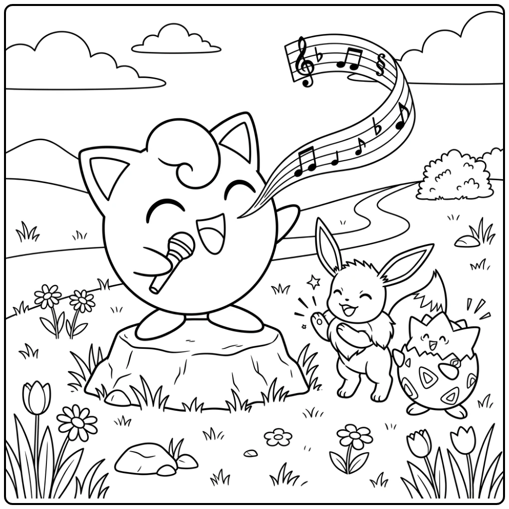 Cheerful Jigglypuff Concert in the Flower Meadow coloring page