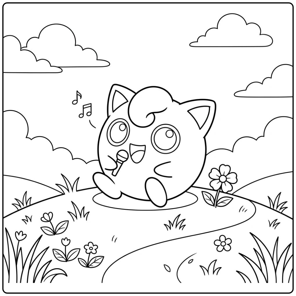 Cheerful Jigglypuff Singing on Hill with Flower coloring page
