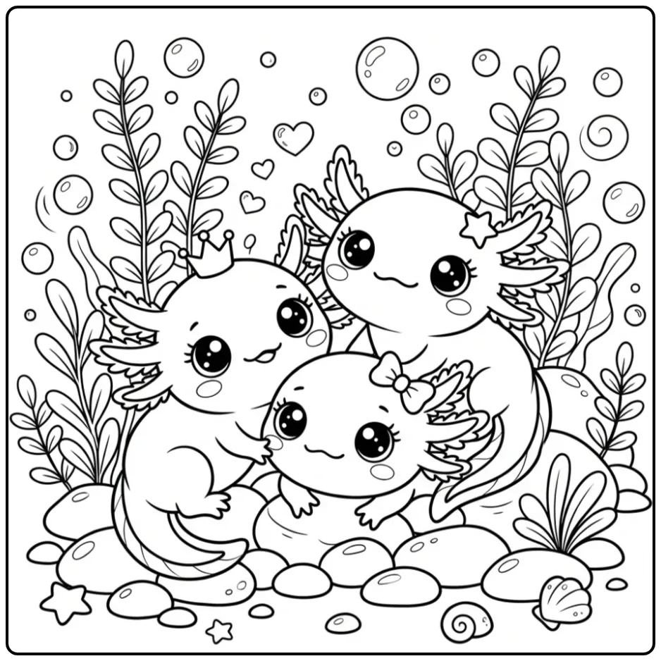 Cheerful Kawaii Axolotl with Bubbles and Plants coloring page
