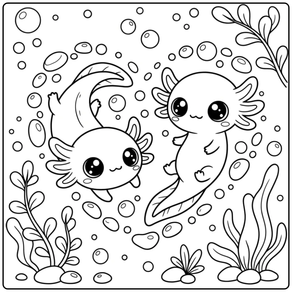 Cheerful Kawaii Axolotl Underwater Theme coloring page