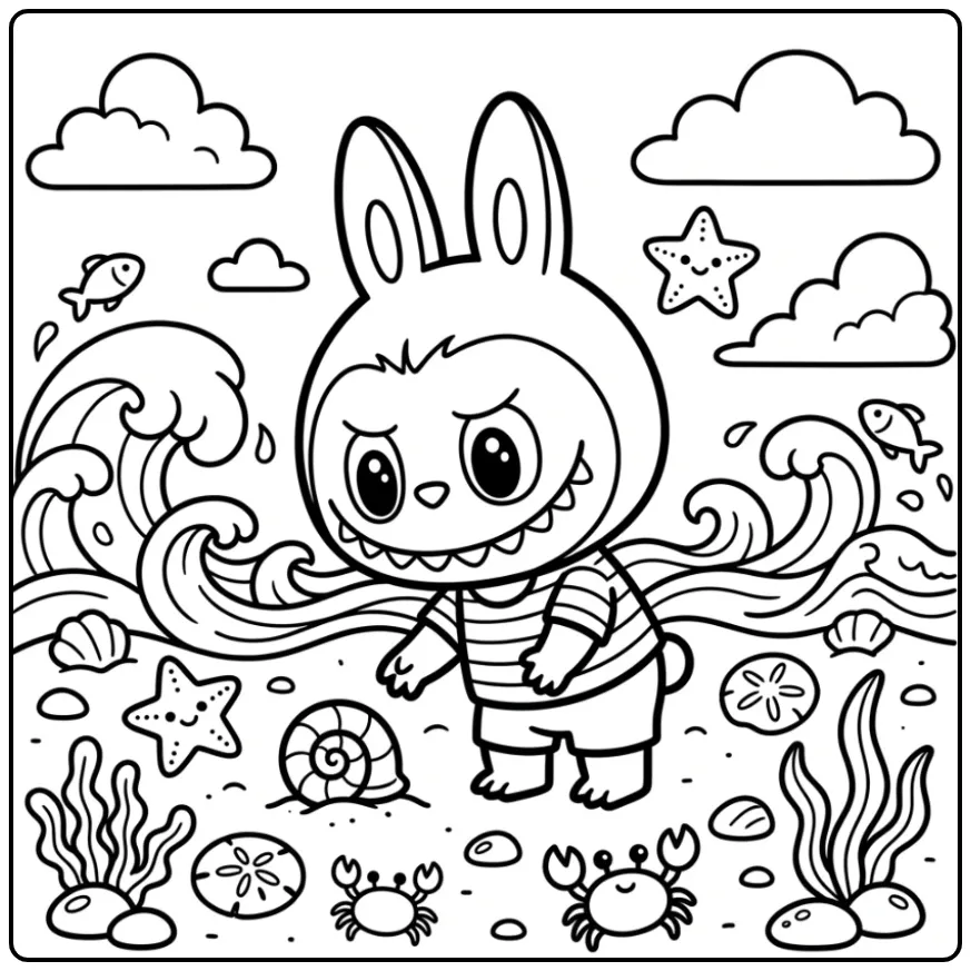 Cheerful Kawaii Labubu by the Sea with Shells coloring page