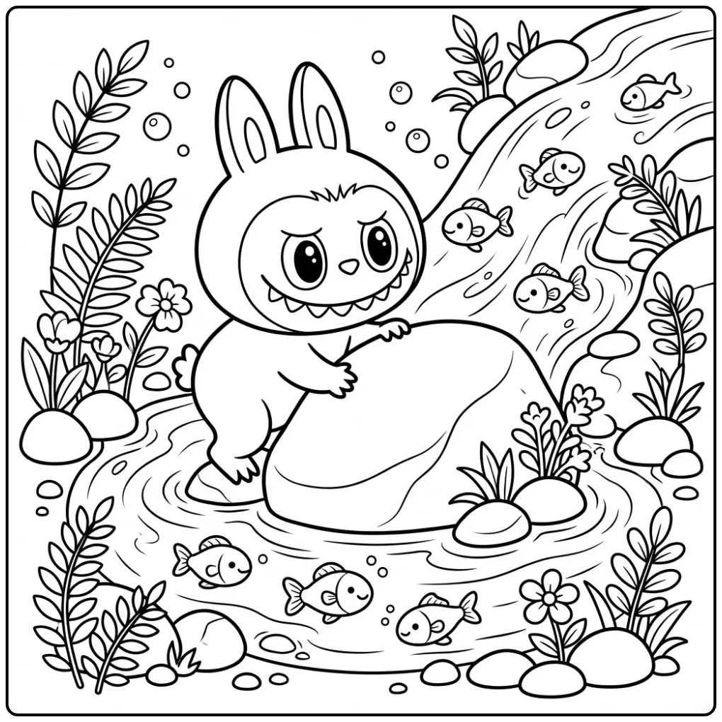Cheerful Kawaii Labubu Fishing in Nature coloring page
