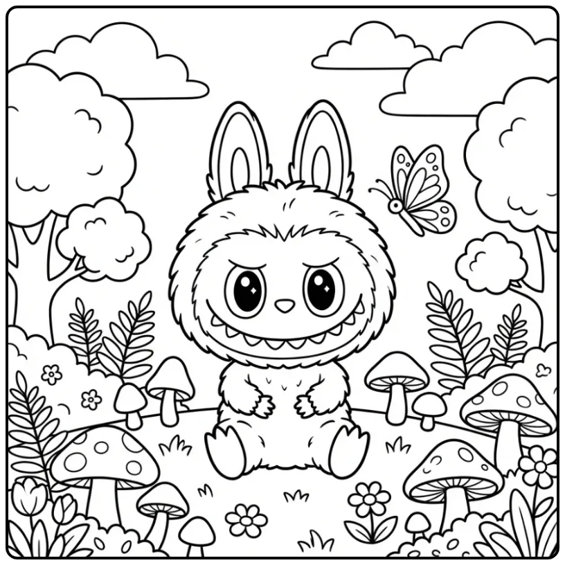 Cheerful Kawaii Labubu with a Butterfly and Flowers coloring page