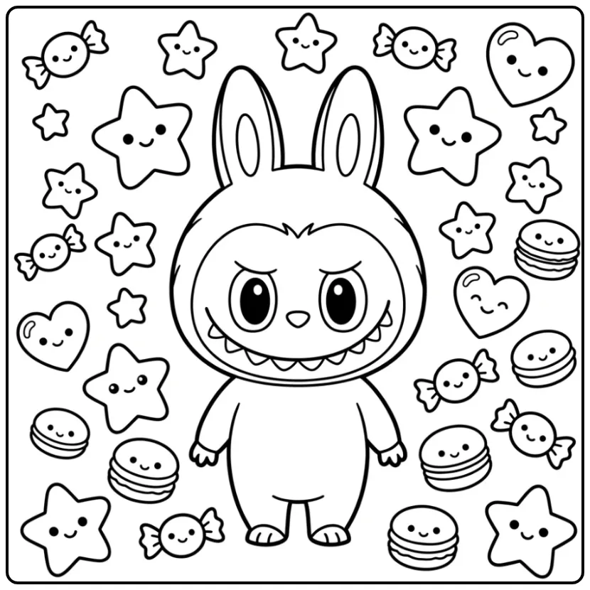 Cheerful Kawaii Labubu Full of Hearts and Macarons coloring page