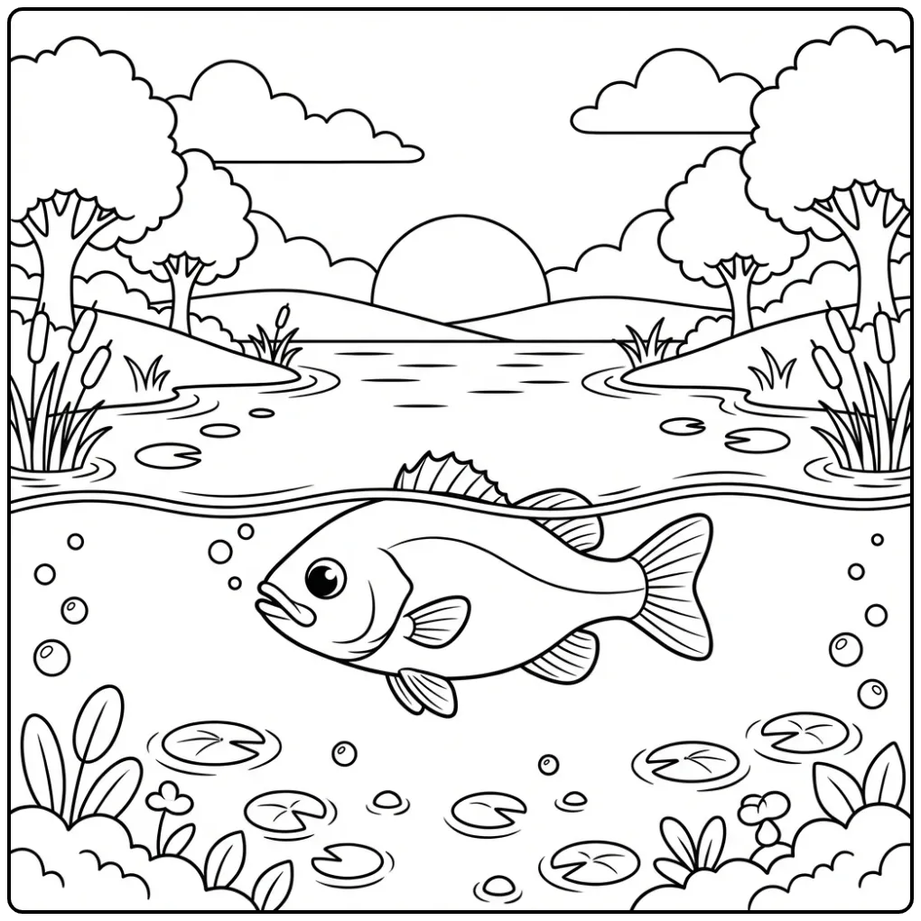 Cheerful Bass with Trees and Reeds coloring page